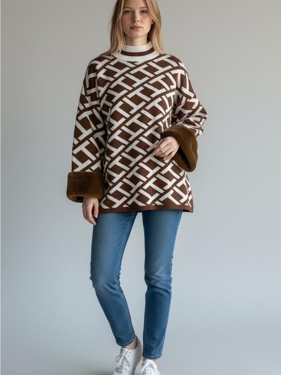 Tyler Boe Sweaters - Tyler Boe Blue and Brown Geometric Print Sweater Small